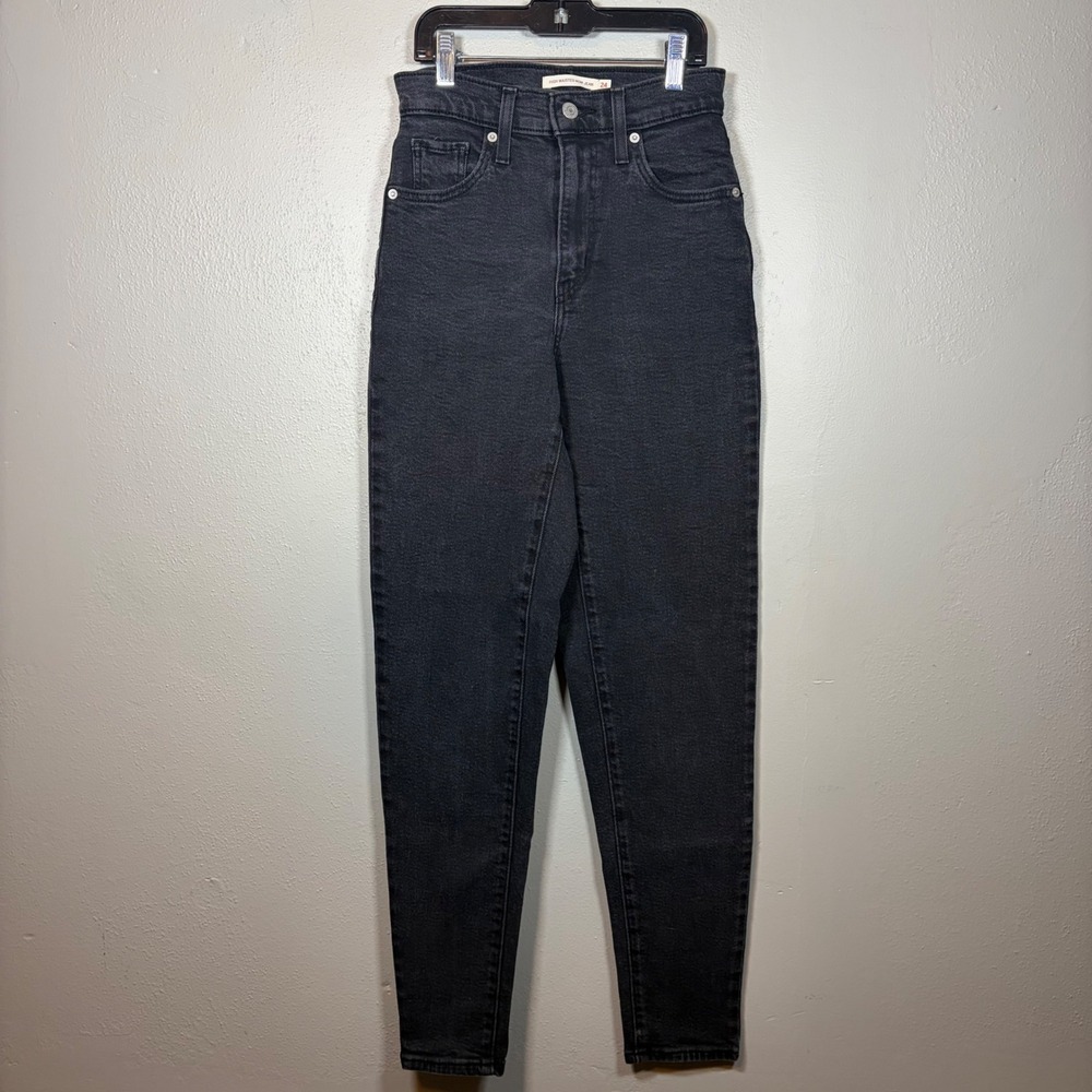 Levis High Waisted Mom Jeans Washed Black Tapered Leg Denim 24 Womens